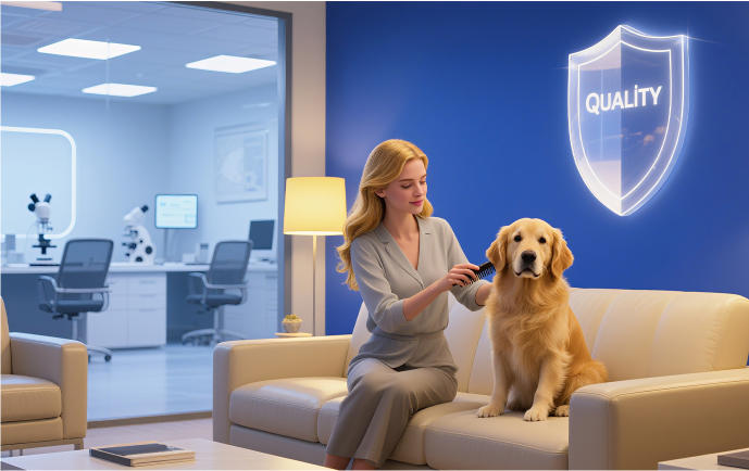Woman with a golden retriever demonstrating product quality